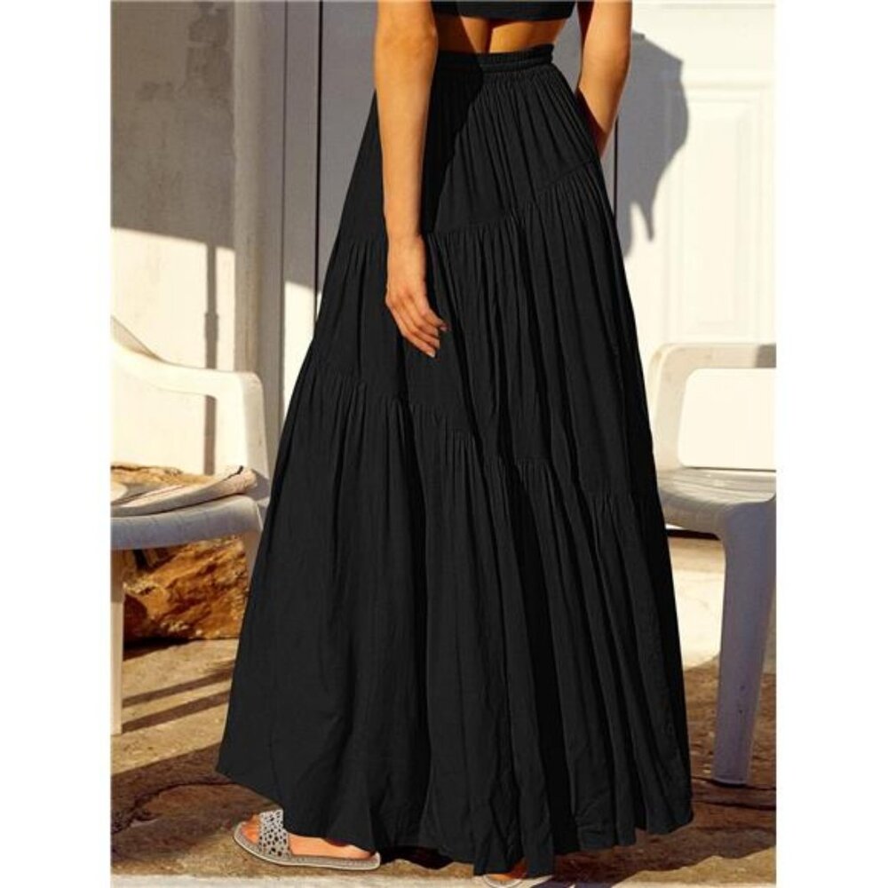 Women’s Boho Elastic High Waist Pleated A-Line Flowy Swing Asymmetric - Picture 4 of 5